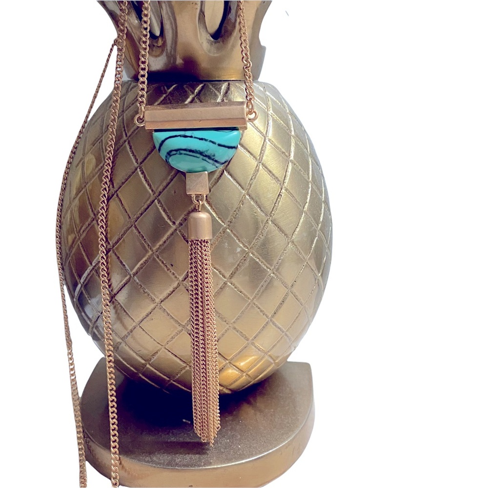 Long Turquoise Necklace with Gold Tassel - Trendy - Stone